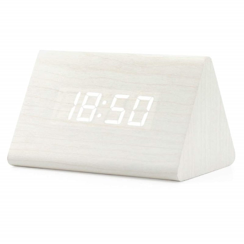 GEARONIC Digital Alarm Clock Wooden Alarm Clock Wood Modern Triangle Alarm Digital Desk Clock, Displays Time Date Temperature Calendar Wood Made Electric Clocks for Bedroom, Bedside - White - Image 1